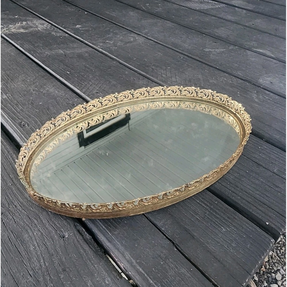 Vintage Hollywood Regency Ornate Gold Filigree Oval Mirrored Vanity Tray